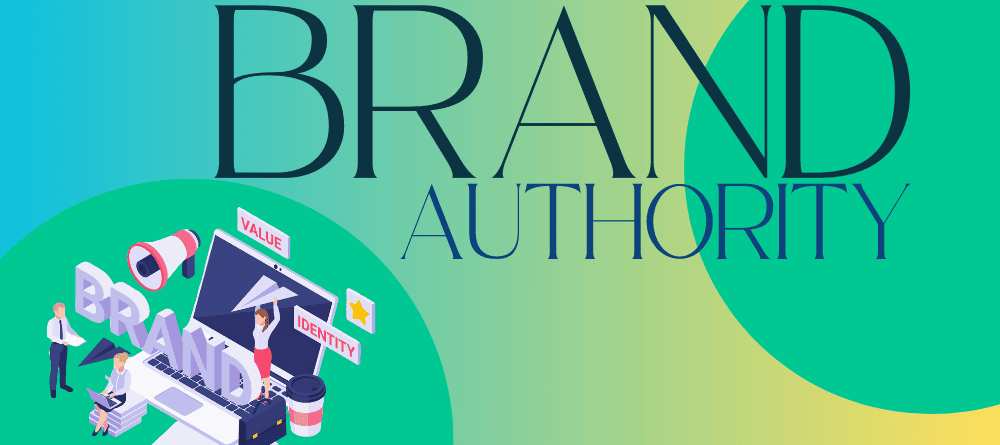 Illustration of brand authority concepts with SEO elements and digital marketing icons.