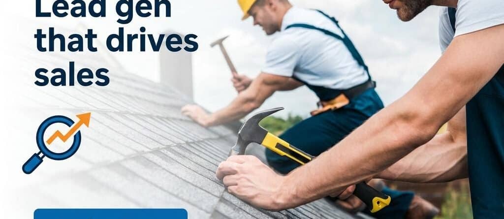 Roofing contractors working on a roof with tools, promoting lead generation and sales.
