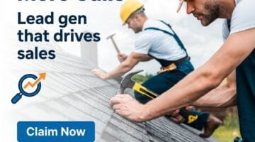 Roofing contractors working on a roof with tools, promoting lead generation and sales.