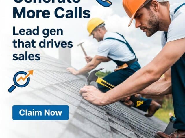 Roofing contractors working on a roof with tools, promoting lead generation and sales.