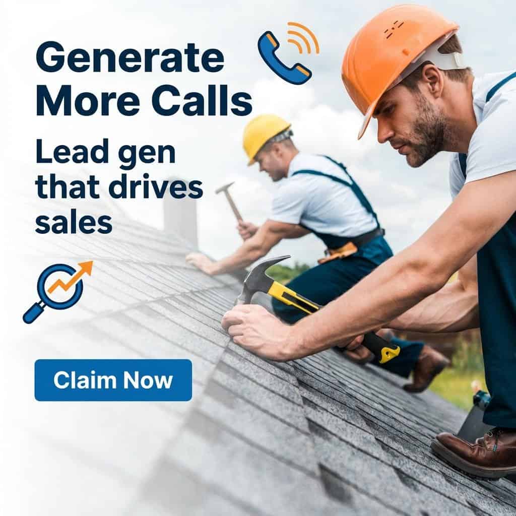 Roofing contractors working on a roof with tools, promoting lead generation and sales.