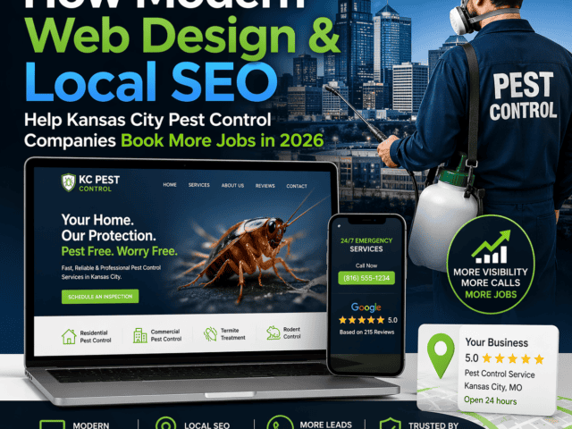 Pest control web design for Kansas City pest companies, featuring modern layouts and local SEO strat.