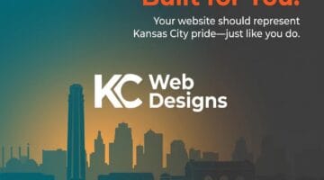 Kansas City web design company logo with city skyline background.