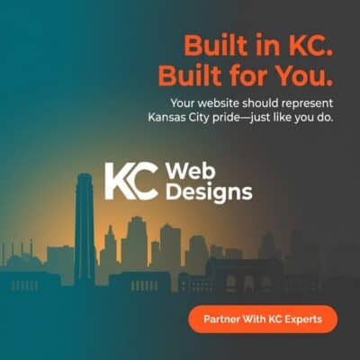 Kansas City web design company logo with city skyline background.