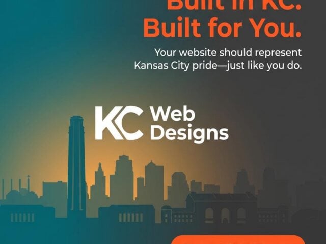 Kansas City web design company logo with city skyline background.
