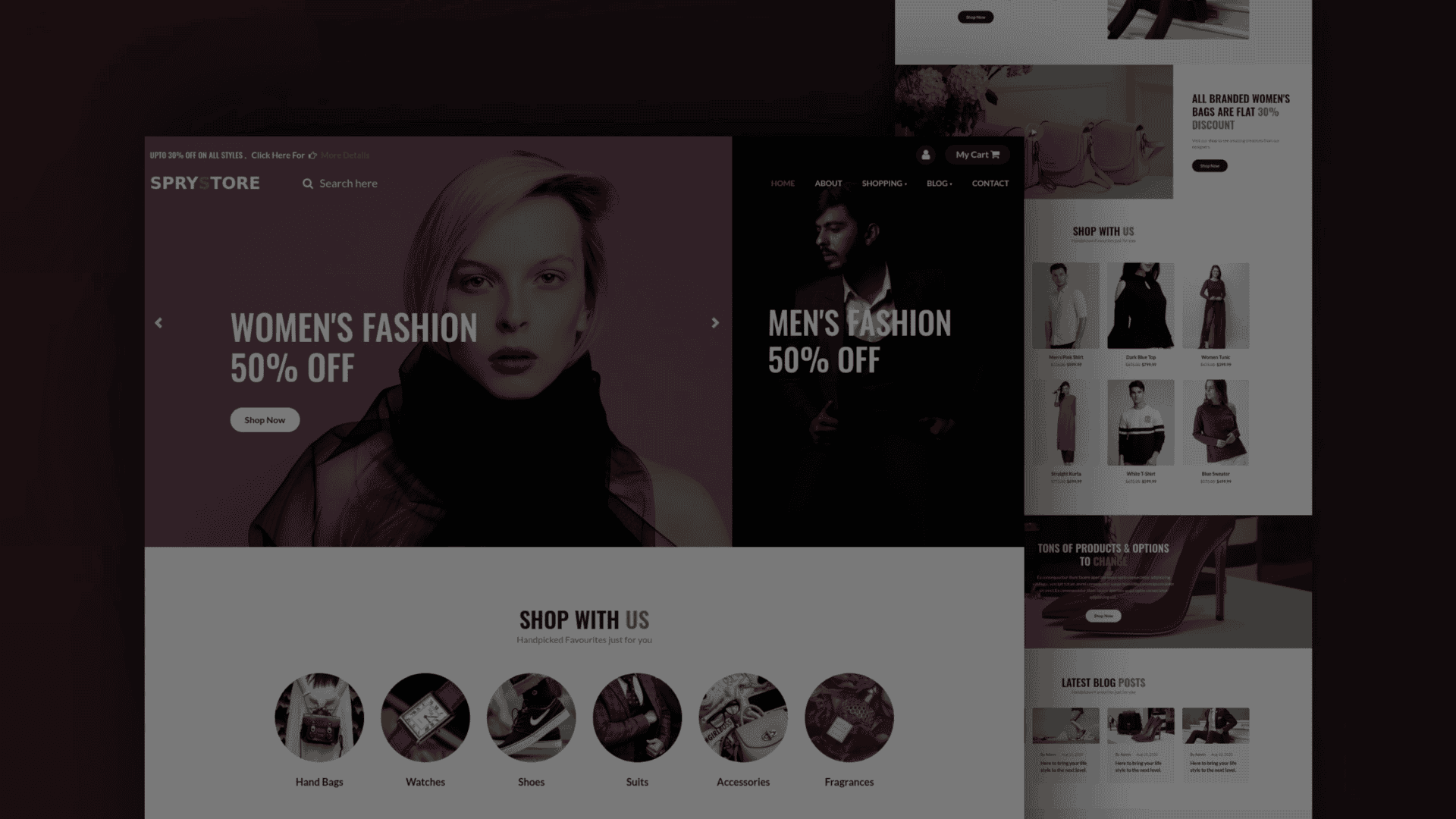 Elegant fashion boutique website homepage with promotional banners.