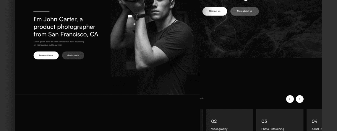 Modern photographer website layout showcasing portfolio and contact info.
