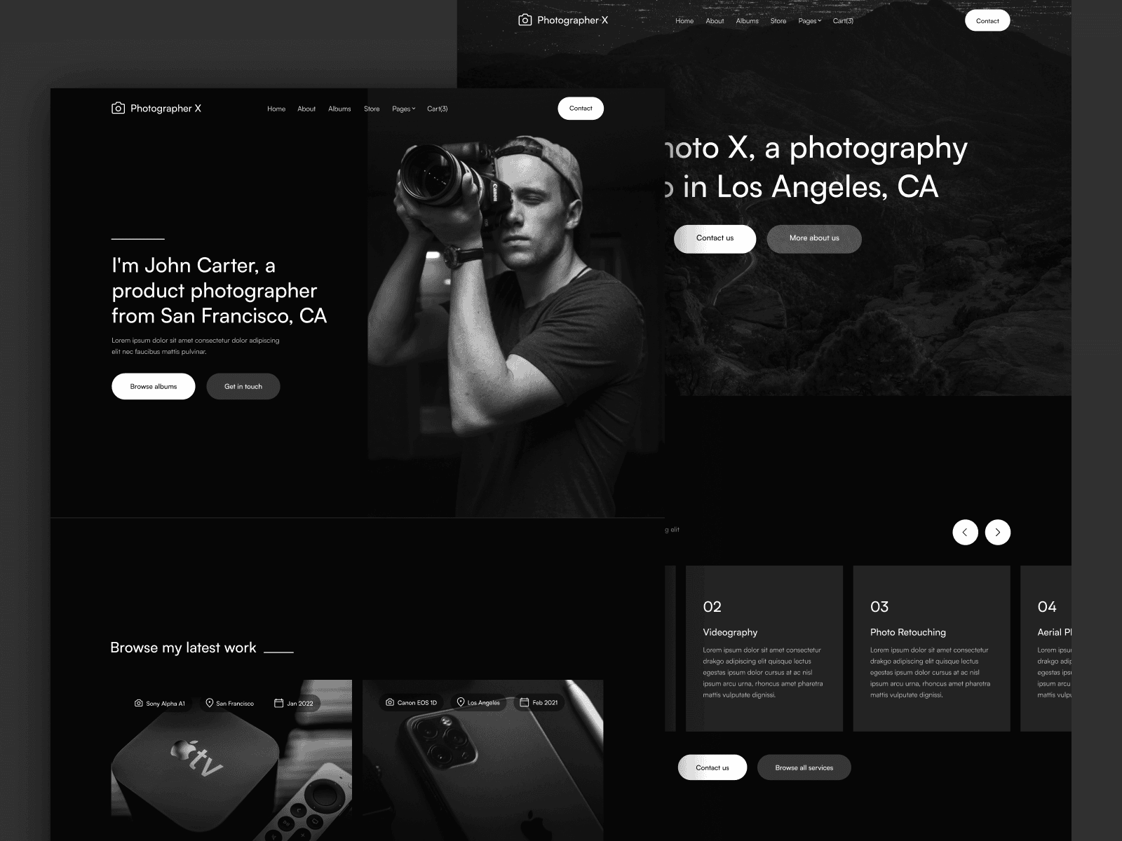 Modern photographer website layout showcasing portfolio and contact info.