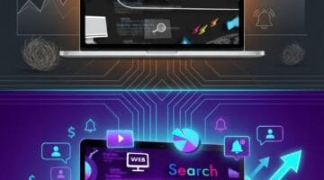 Laptop screen displaying SEO search results with web analytics icons.