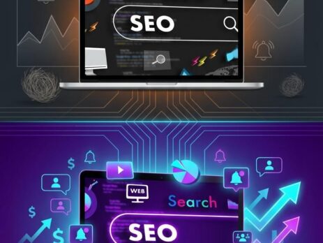 Laptop screen displaying SEO search results with web analytics icons.