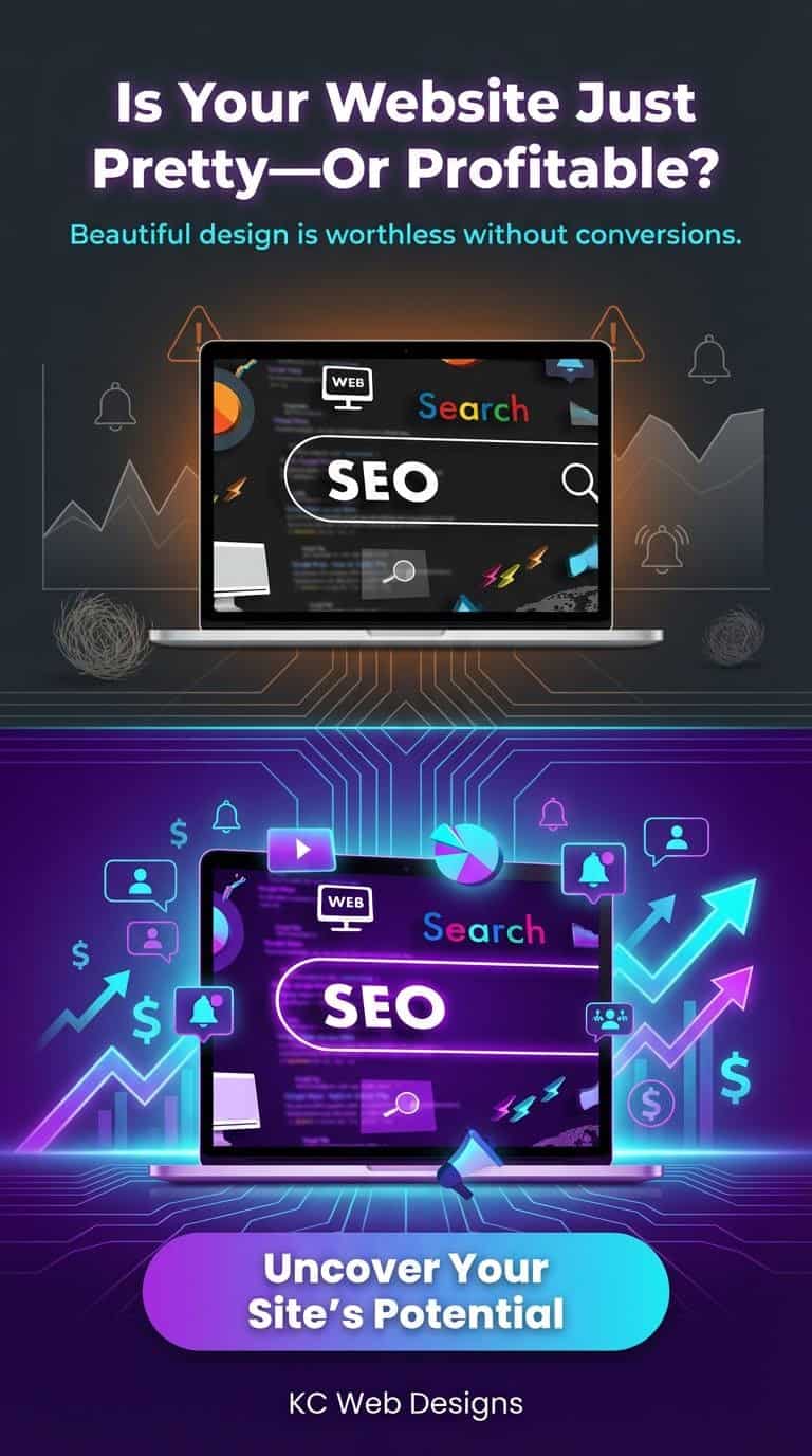 Laptop screen displaying SEO search results with web analytics icons.